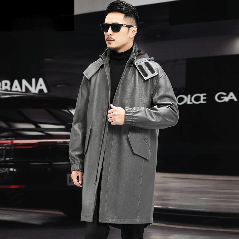 Men's Genuine Leather Hooded Windbreaker Formal Business Style Long Coat