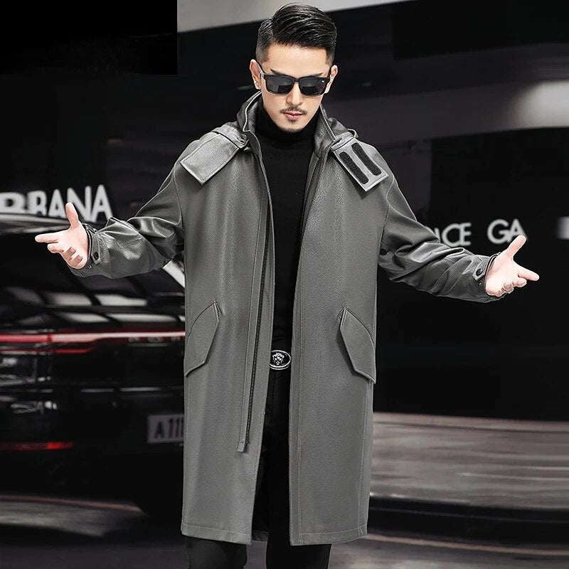 Men's Genuine Leather Hooded Windbreaker Formal Business Style Long Coat