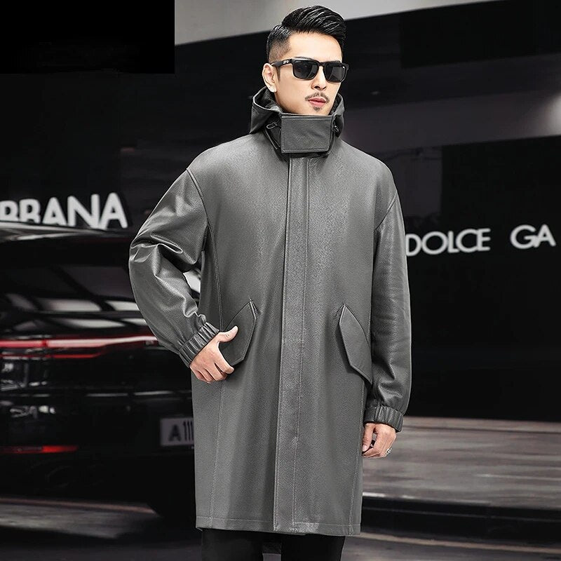 Men's Genuine Leather Hooded Windbreaker Formal Business Style Long Coat