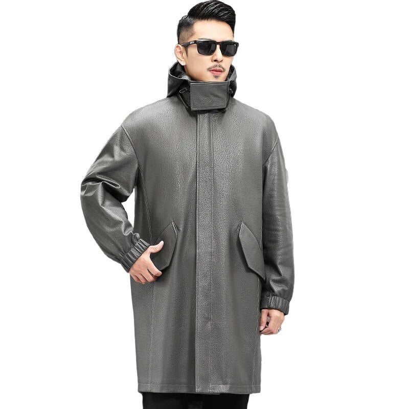 Men's Genuine Leather Hooded Windbreaker Formal Business Style Long Coat