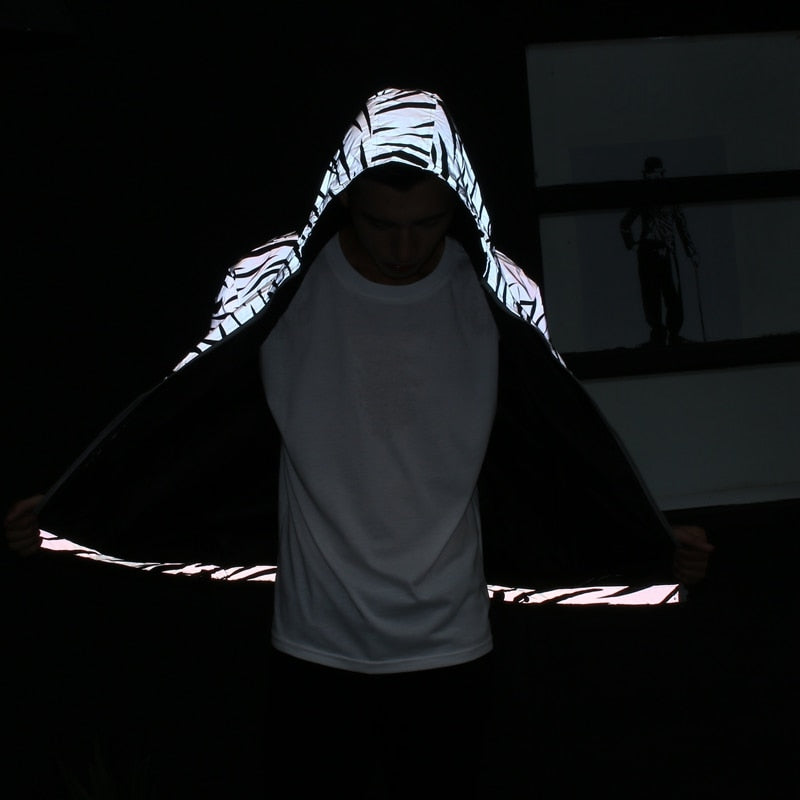 Men's Hip Hop Striped Pattern Reflective Night Shining Streetwear Hoodie