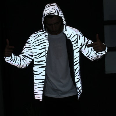 Men's Hip Hop Striped Pattern Reflective Night Shining Streetwear Hoodie