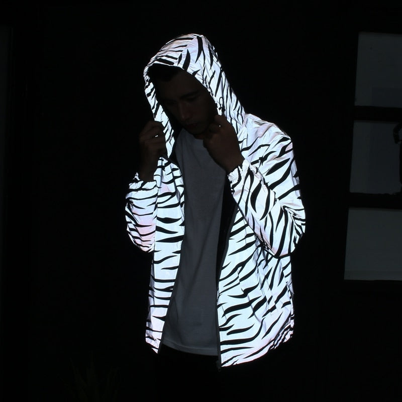 Men's Hip Hop Striped Pattern Reflective Night Shining Streetwear Hoodie