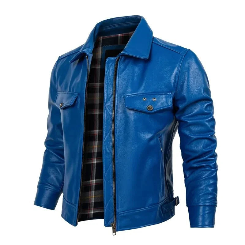 Men's Korean Style Cowhide Leather Slim Motorcycle Short Jacket