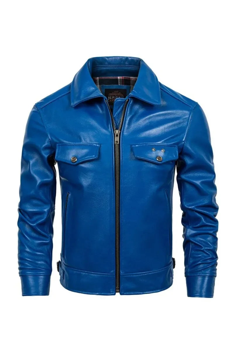 Men's Korean Style Cowhide Leather Slim Motorcycle Short Jacket