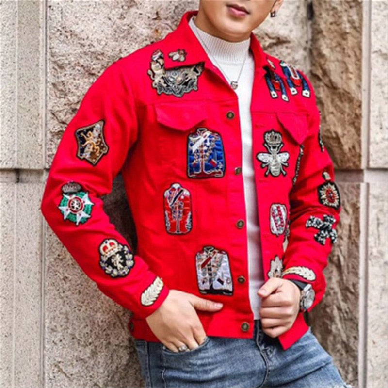 Men's Polyester Red Hip-Hop Style Printed Pattern Streetwear Jacket