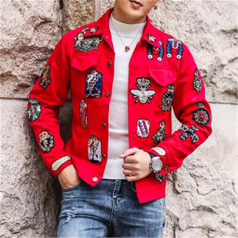 Men's Polyester Red Hip-Hop Style Printed Pattern Streetwear Jacket