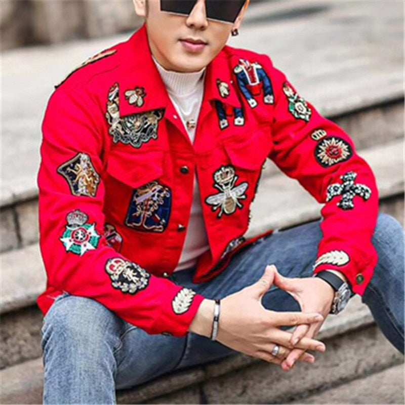 Men's Polyester Red Hip-Hop Style Printed Pattern Streetwear Jacket