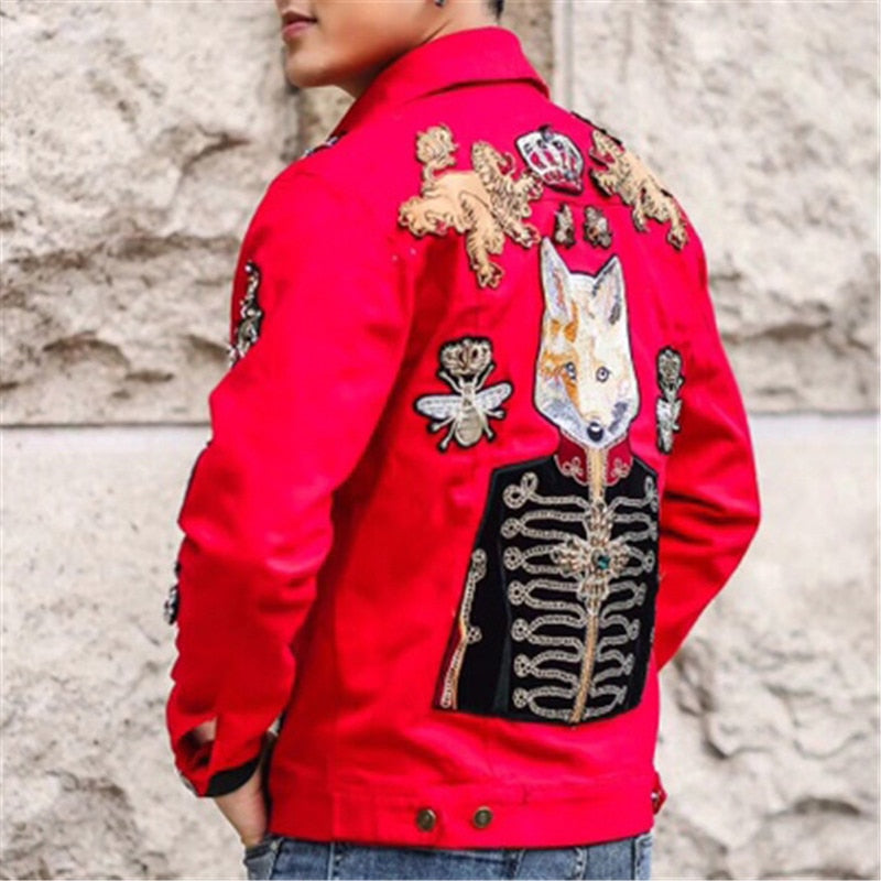 Men's Polyester Red Hip-Hop Style Printed Pattern Streetwear Jacket