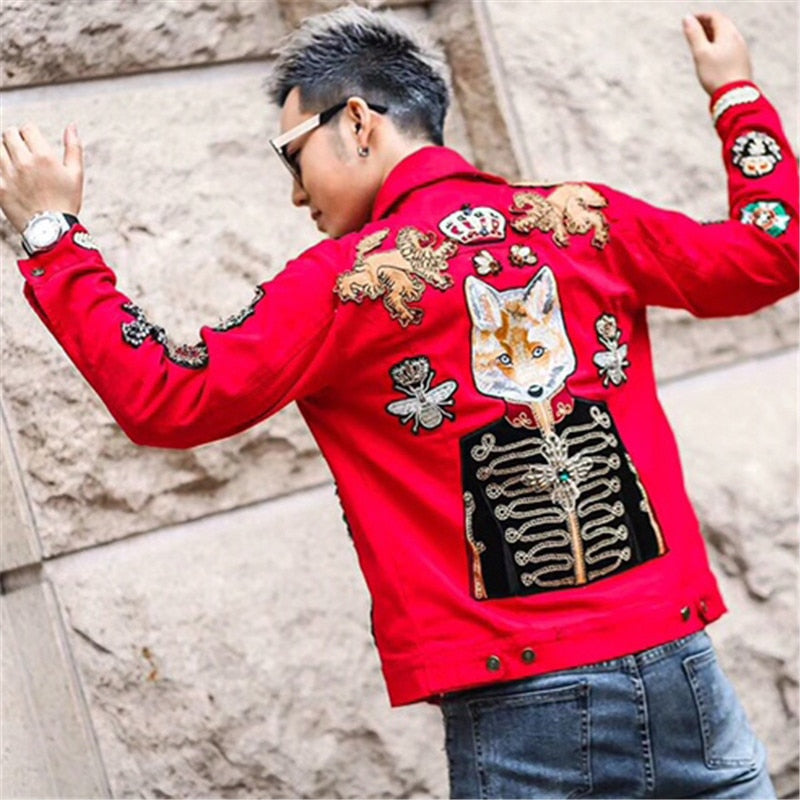 Men's Polyester Red Hip-Hop Style Printed Pattern Streetwear Jacket