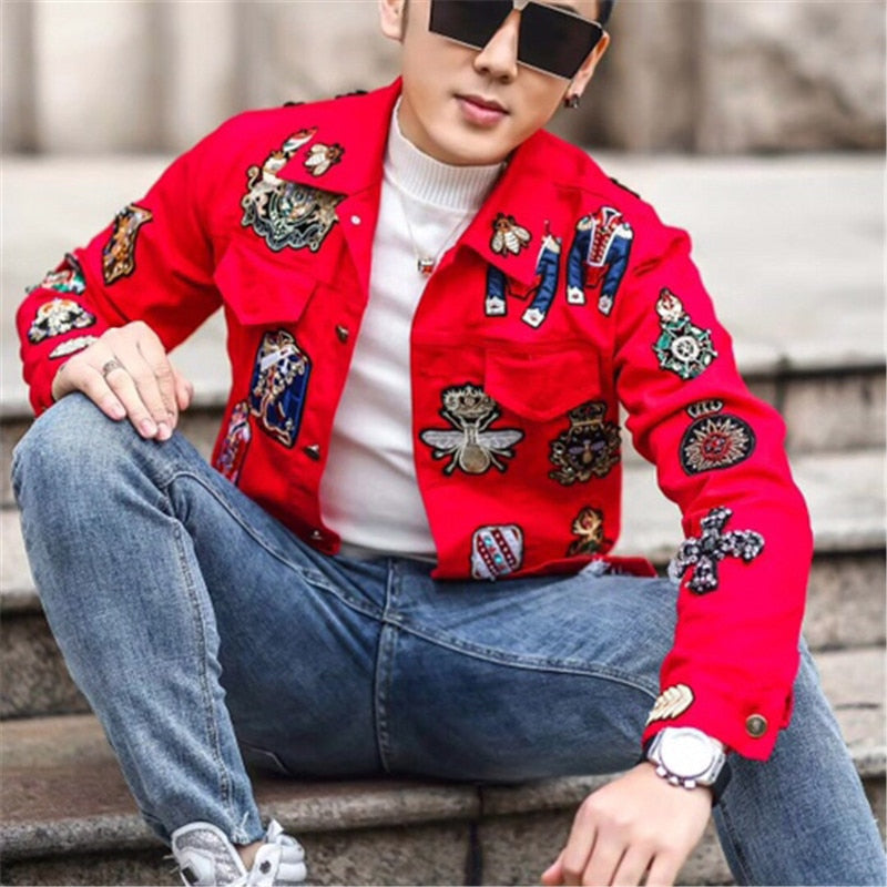 Men's Polyester Red Hip-Hop Style Printed Pattern Streetwear Jacket