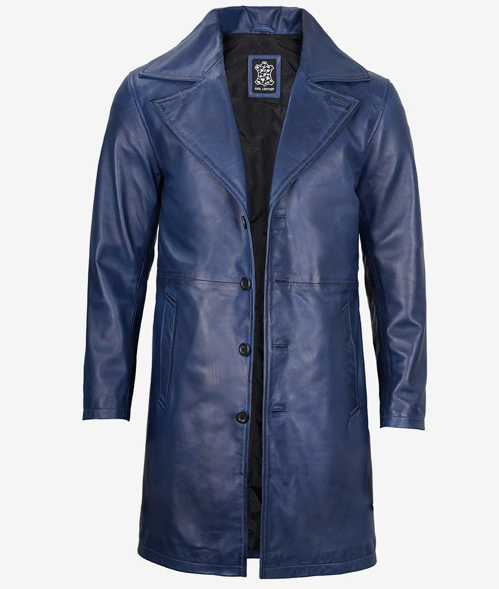 Mens Real Leather Blue Car Coat