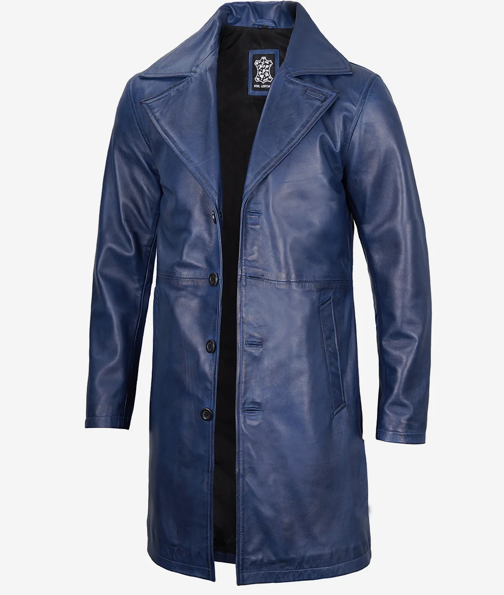 Mens Real Leather Blue Car Coat