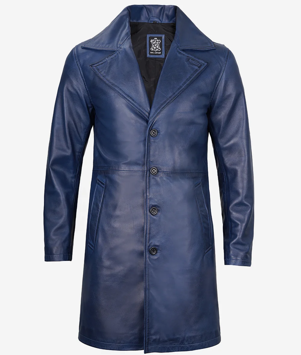 Mens Real Leather Blue Car Coat