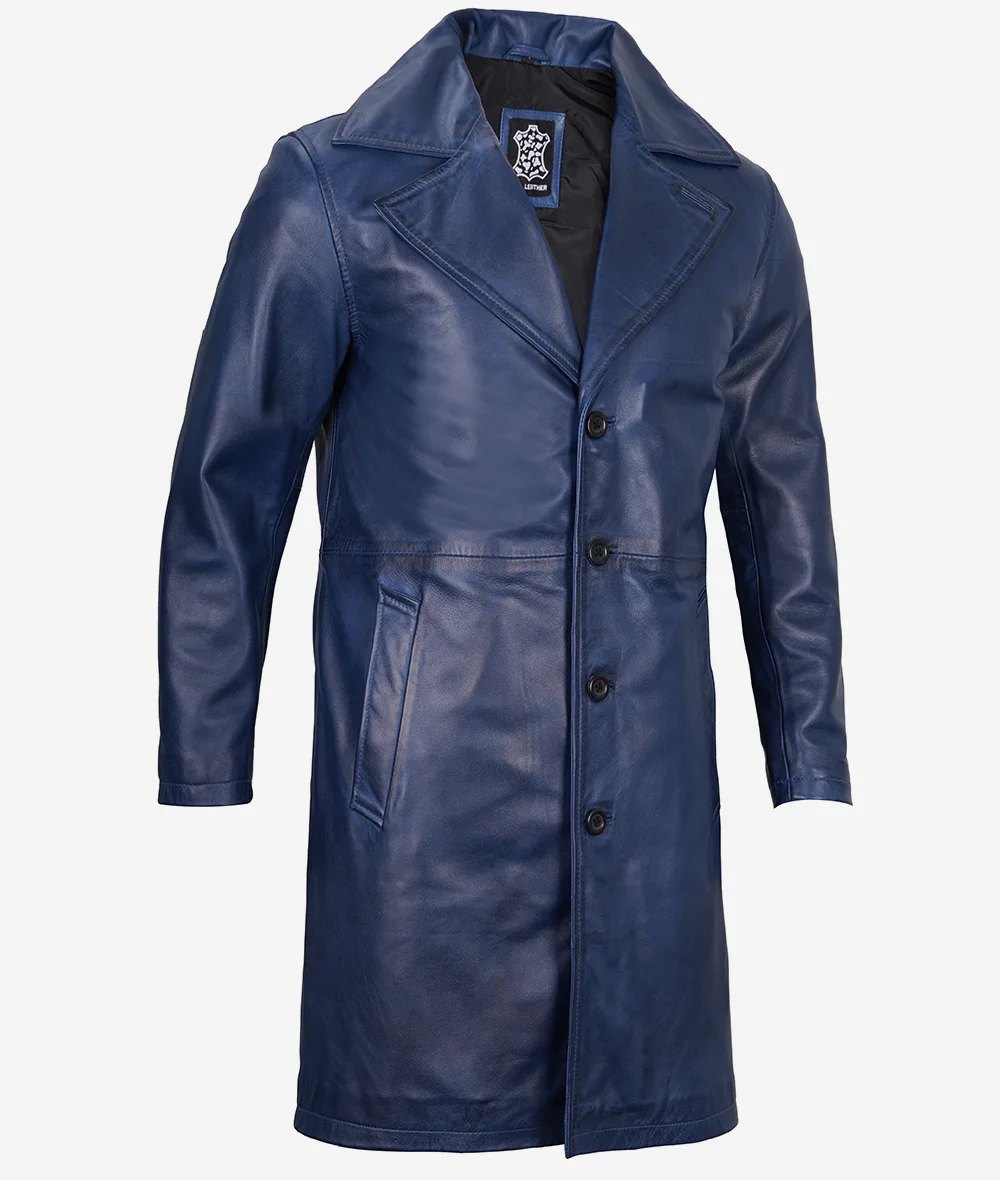 Mens Real Leather Blue Car Coat