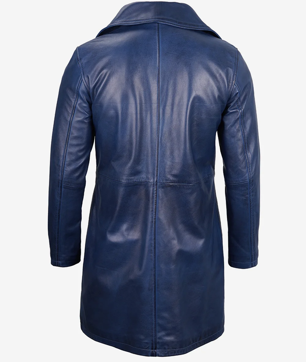 Mens Real Leather Blue Car Coat