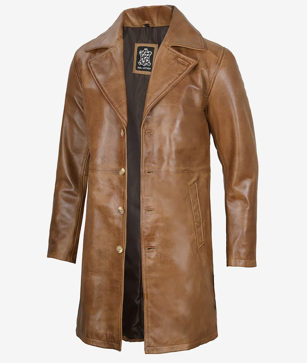 Mens Real Leather Camel Brown Car Coat