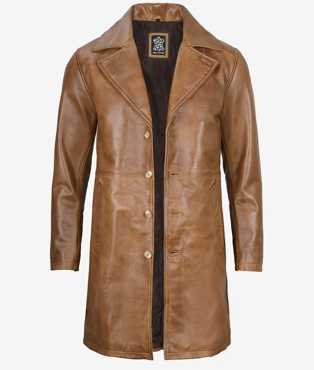 Mens Real Leather Camel Brown Car Coat