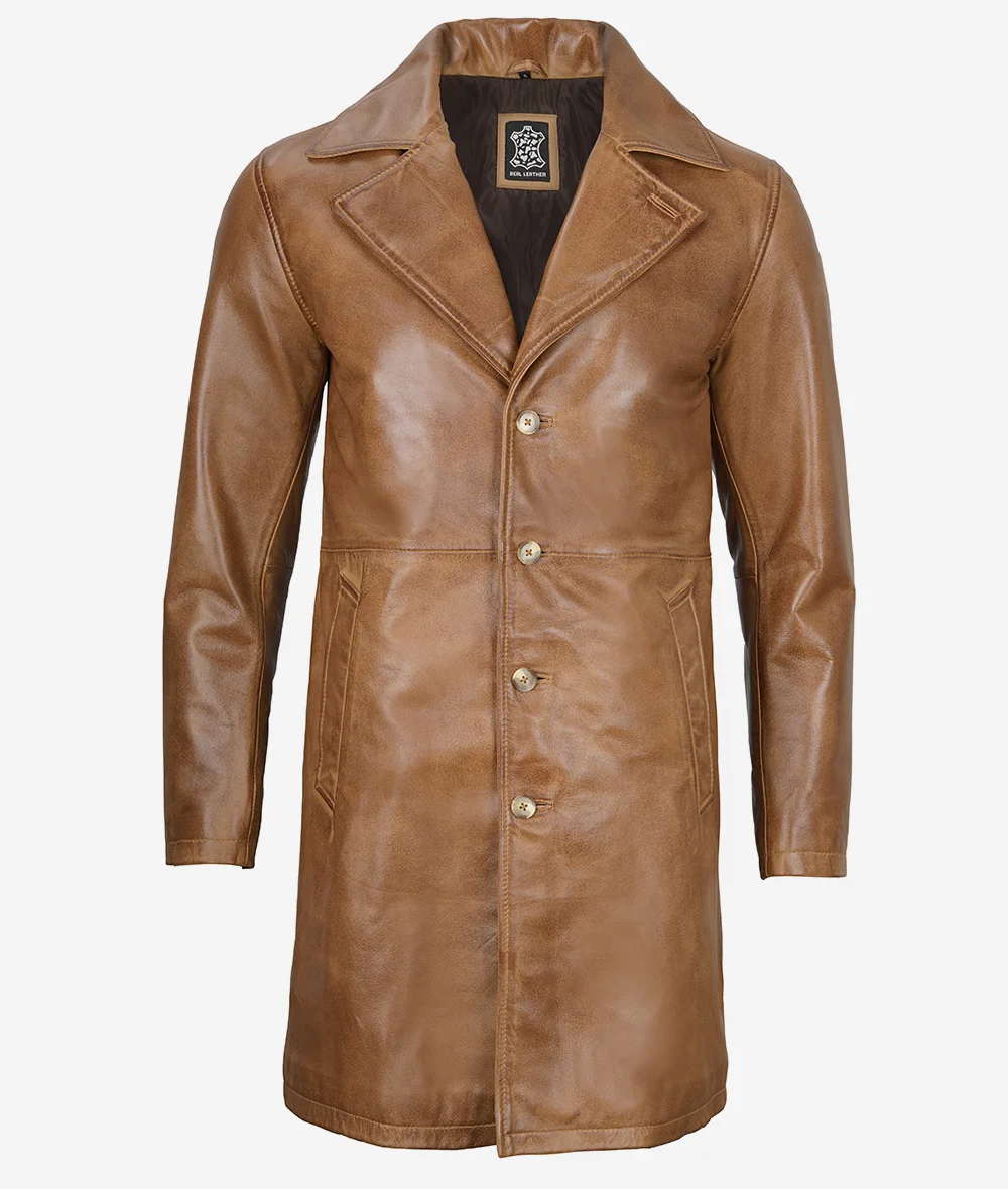 Mens Real Leather Camel Brown Car Coat