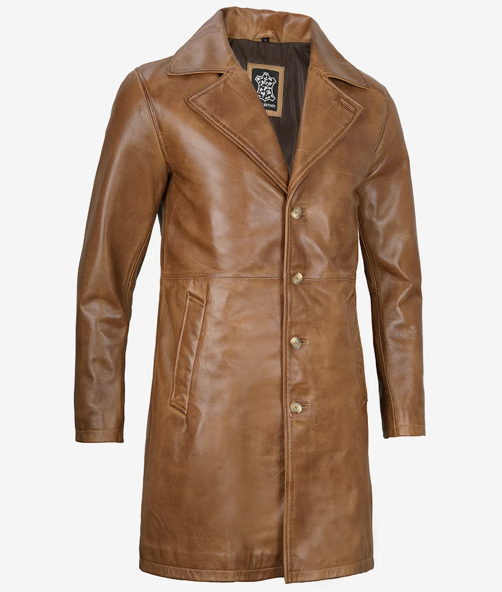 Mens Real Leather Camel Brown Car Coat