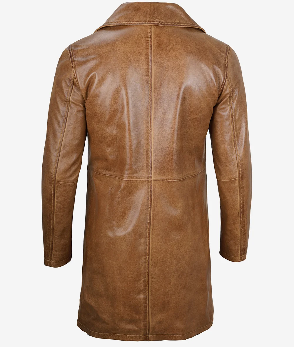 Mens Real Leather Camel Brown Car Coat