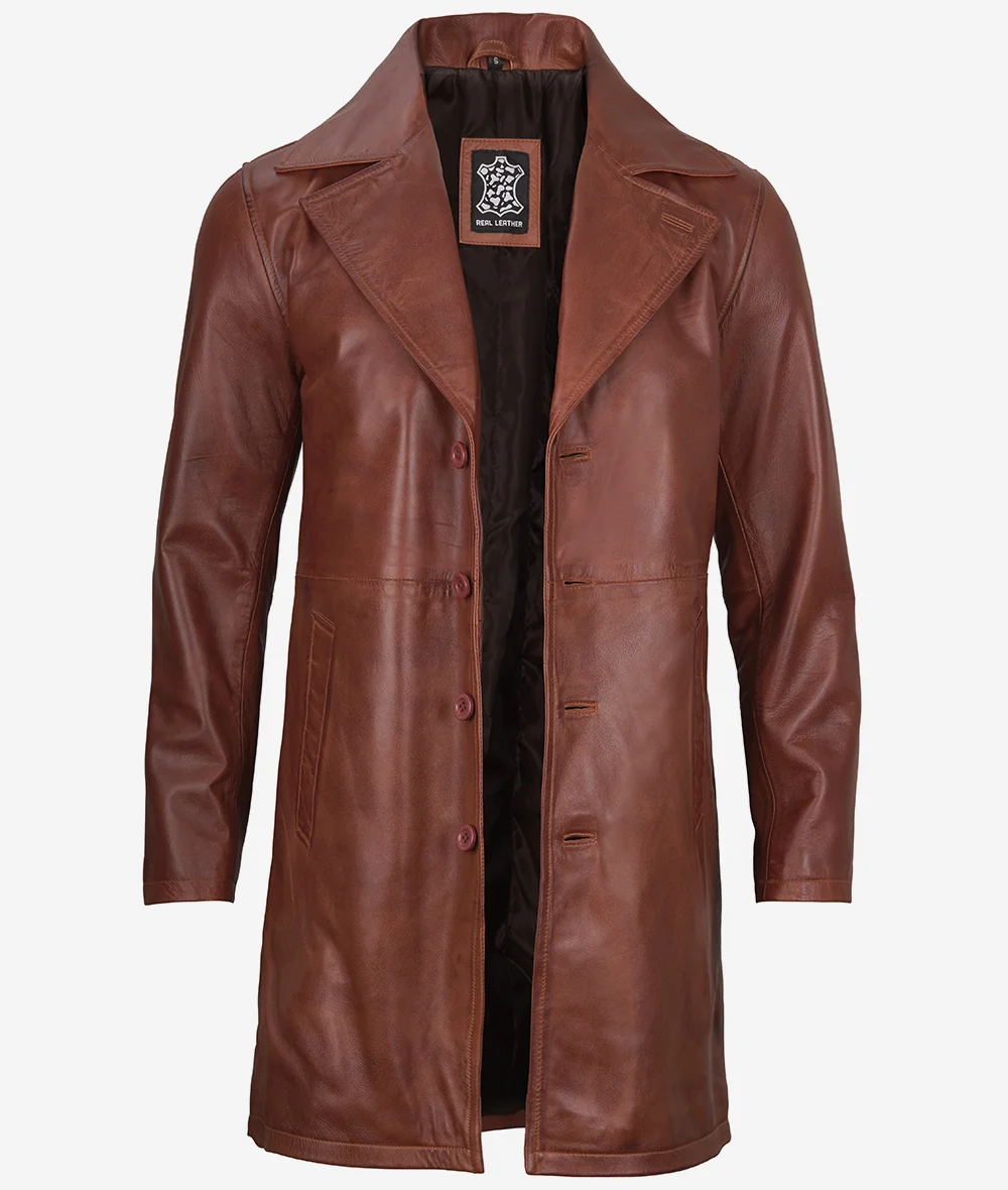 Mens Real Leather Cognac Car Coat