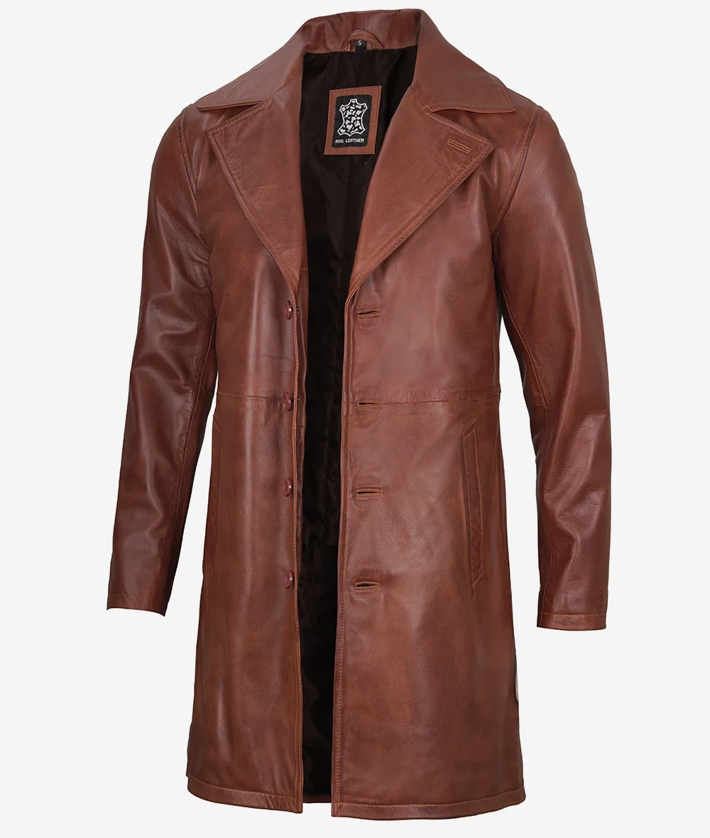 Mens Real Leather Cognac Car Coat