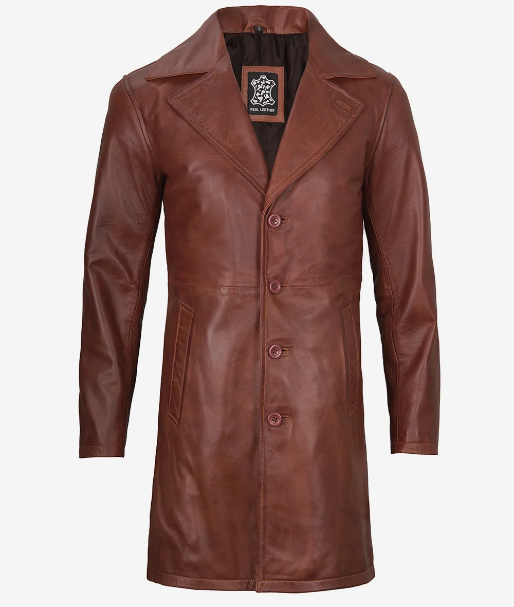 Mens Real Leather Cognac Car Coat