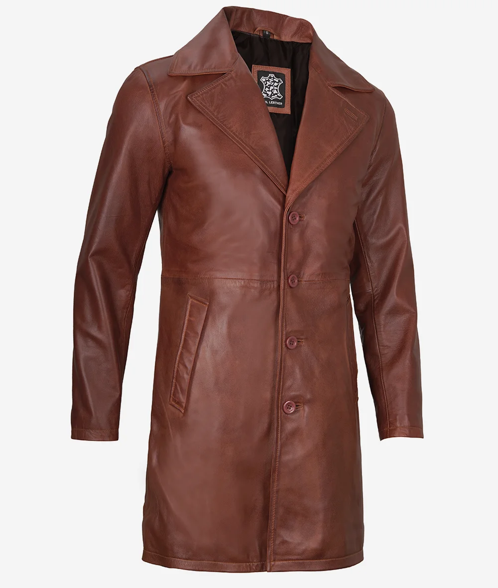 Mens Real Leather Cognac Car Coat