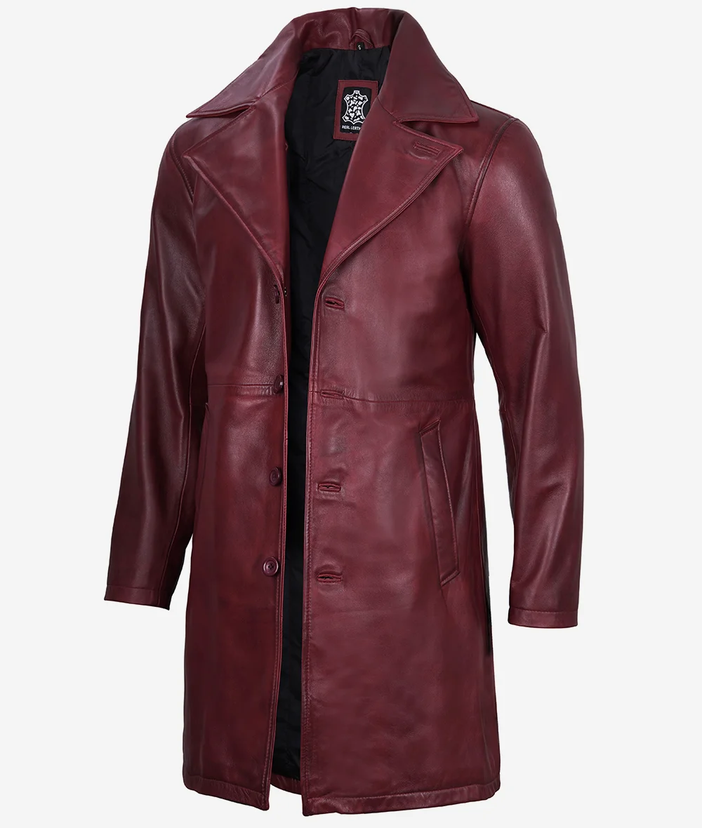 Mens Real Leather Maroon Car Coat