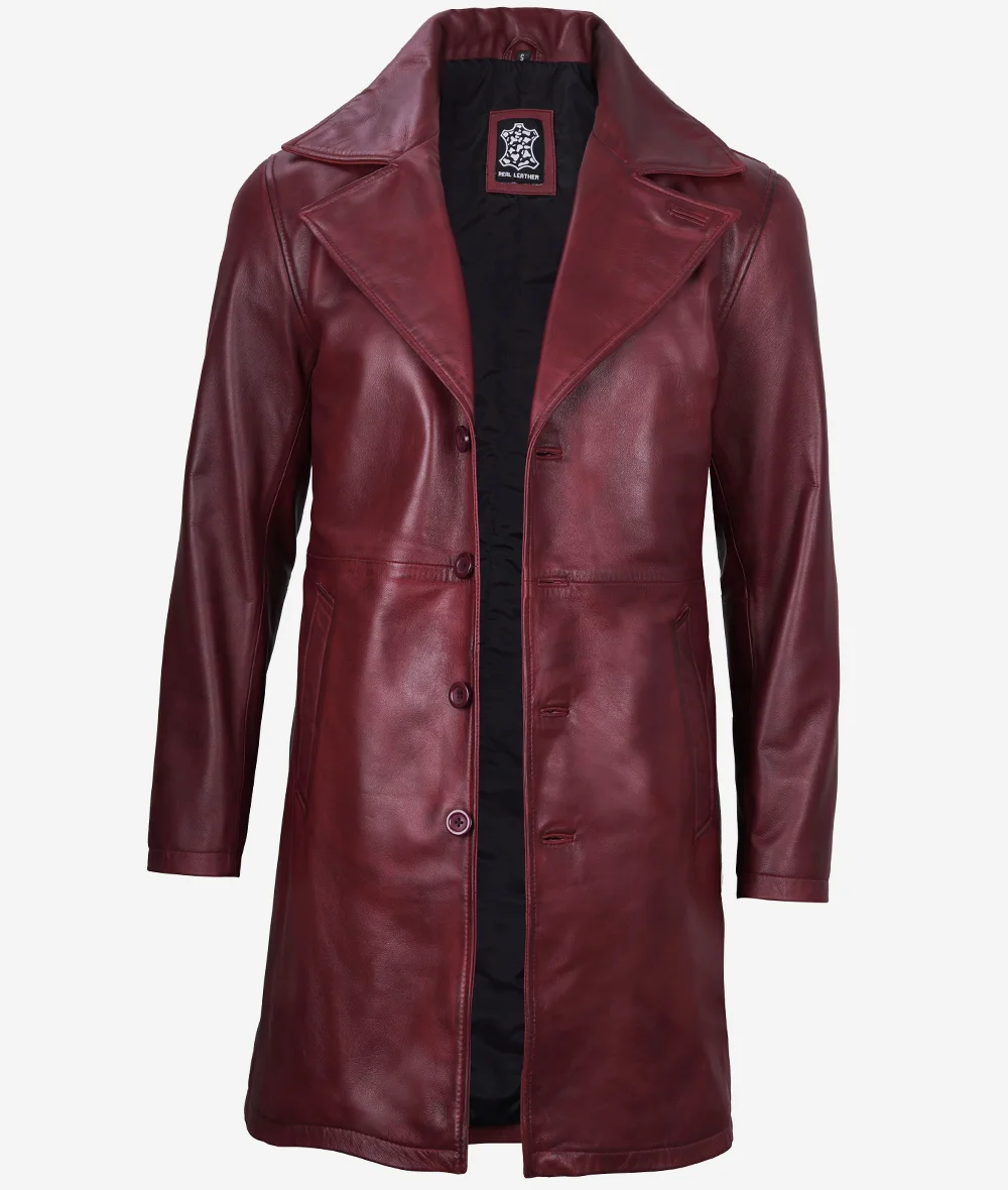 Mens Real Leather Maroon Car Coat