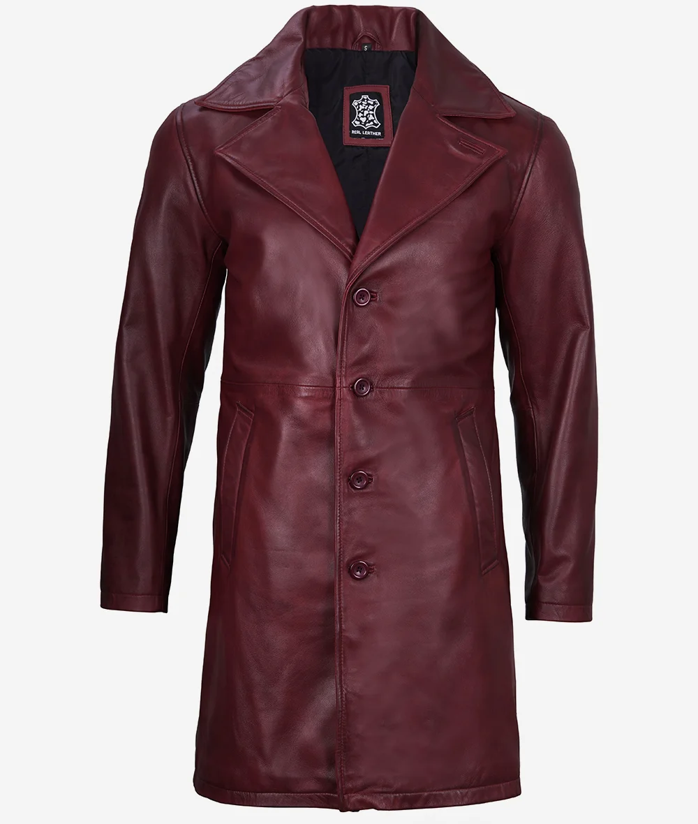 Mens Real Leather Maroon Car Coat