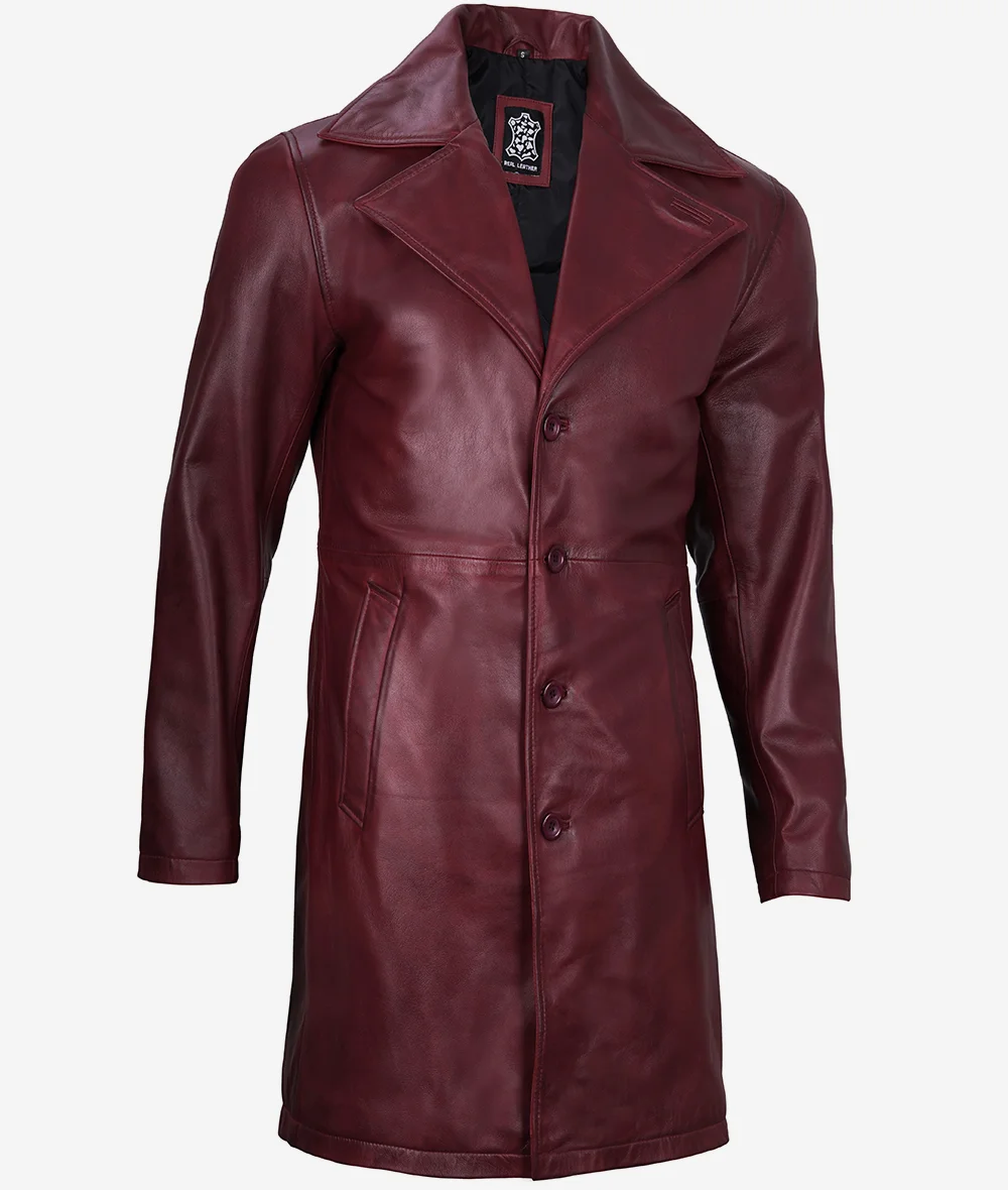 Mens Real Leather Maroon Car Coat