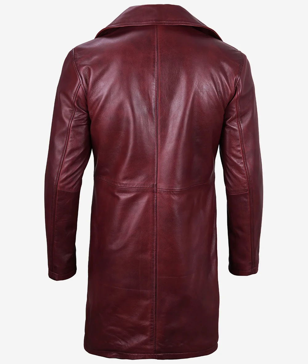 Mens Real Leather Maroon Car Coat