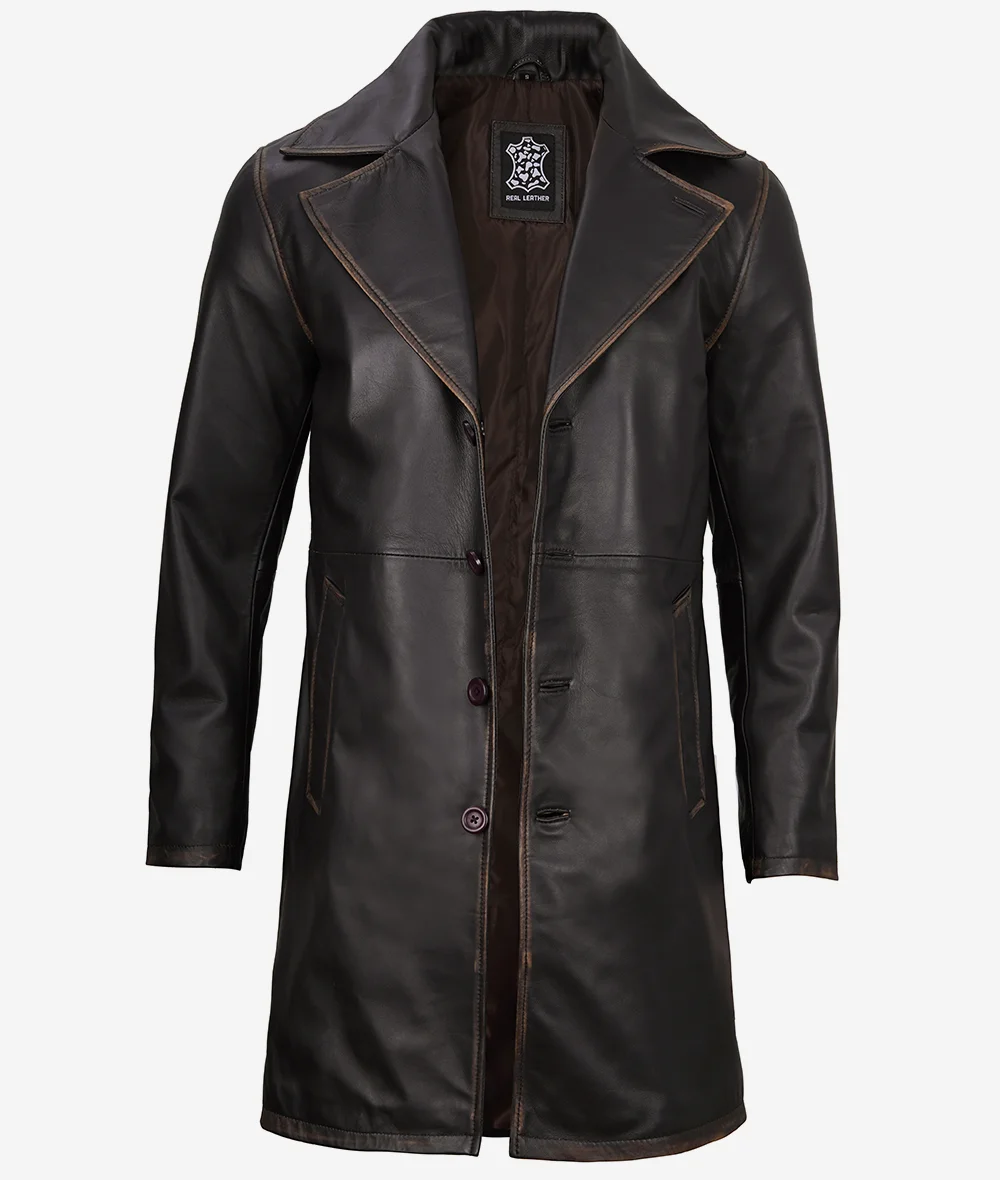 Mens Real Leather Rub Off Brown Car Coat