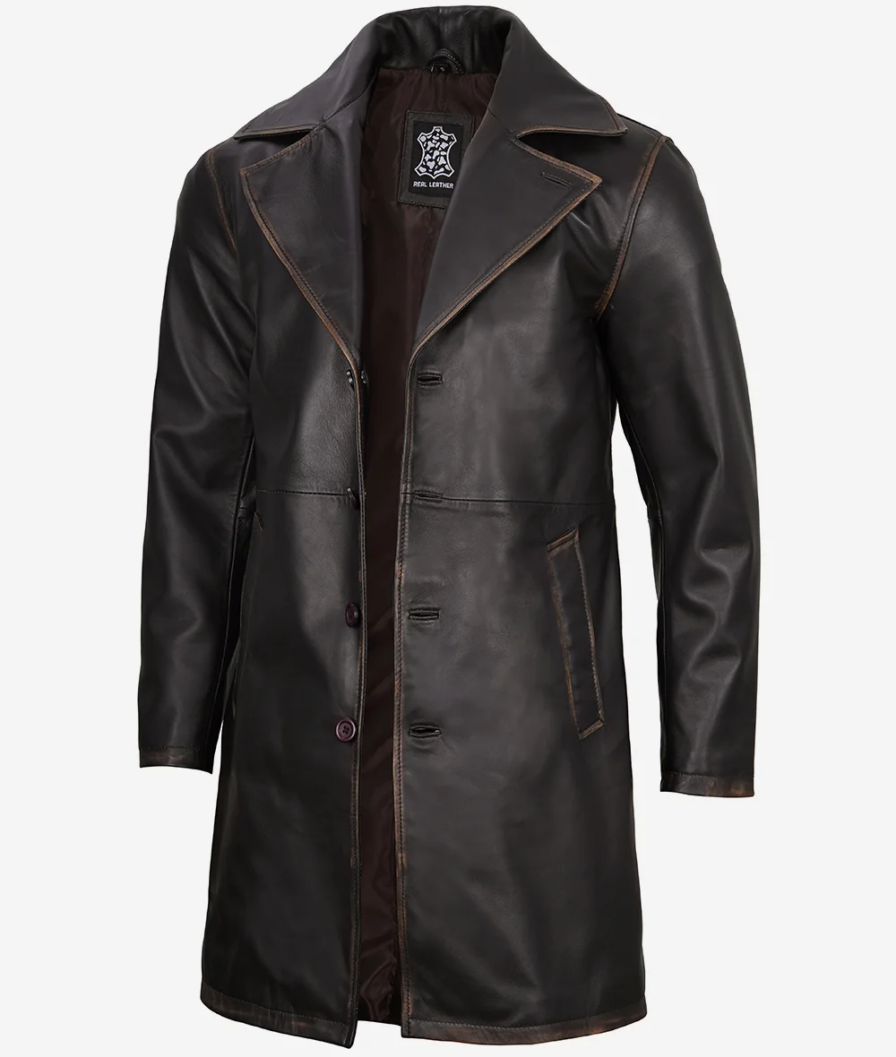 Mens Real Leather Rub Off Brown Car Coat