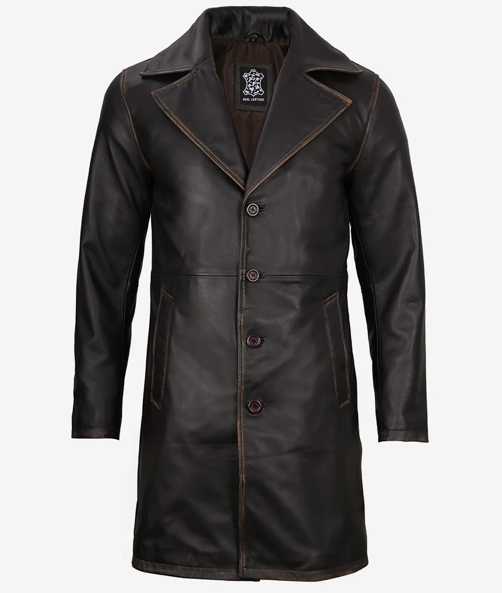 Mens Real Leather Rub Off Brown Car Coat