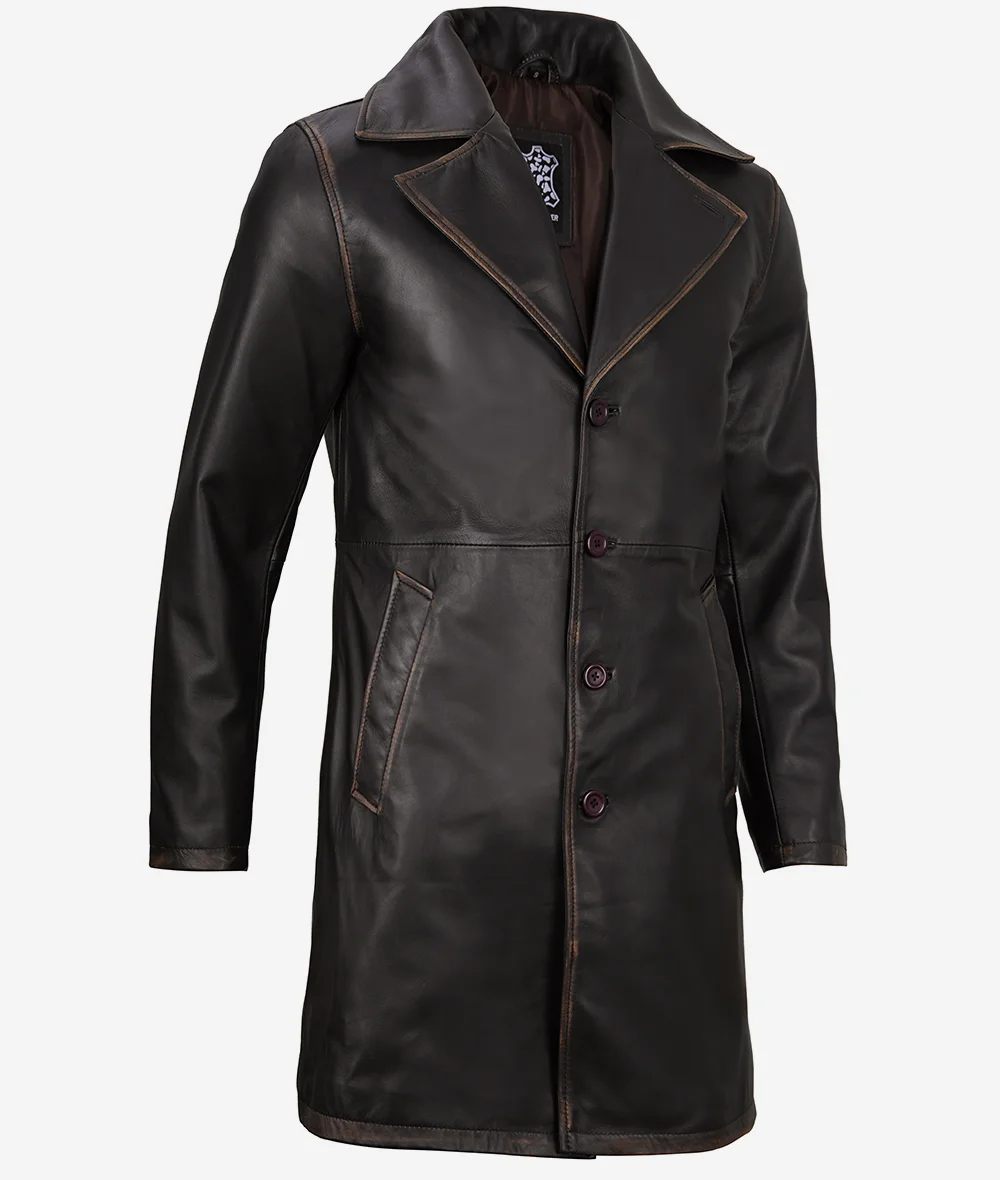 Mens Real Leather Rub Off Brown Car Coat