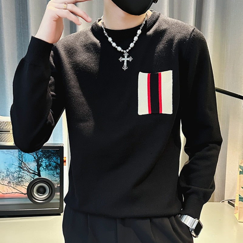 Men's Splicing Stripe Patworked Knitted Slim O Neck Pullover Sweater