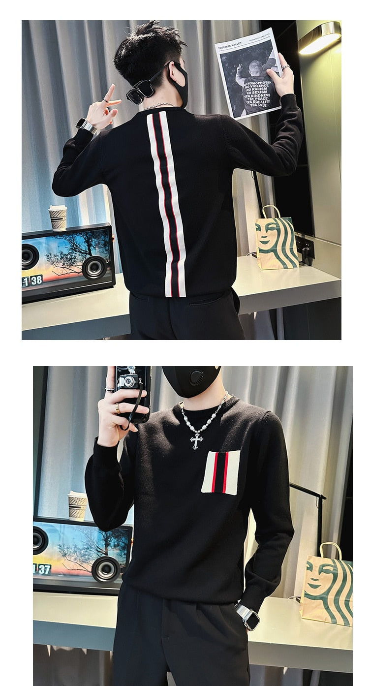 Men's Splicing Stripe Patworked Knitted Slim O Neck Pullover Sweater