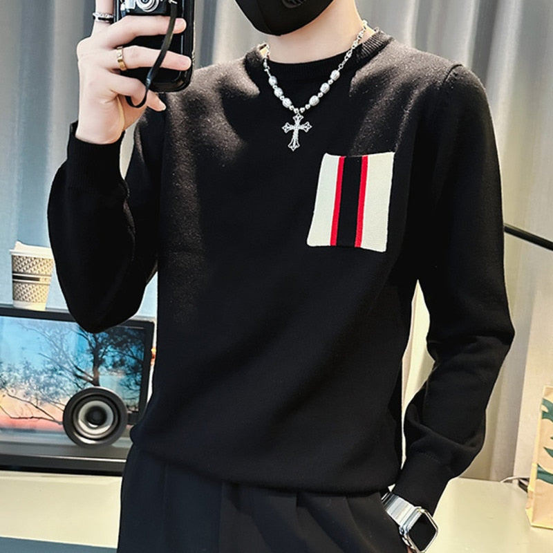 Men's Splicing Stripe Patworked Knitted Slim O Neck Pullover Sweater