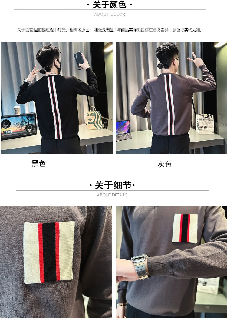 Men's Splicing Stripe Patworked Knitted Slim O Neck Pullover Sweater