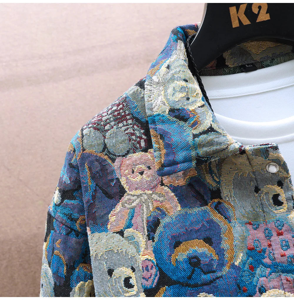 Men's Teddy Bear Pattern Turn-down Collar Outerwear Jacket