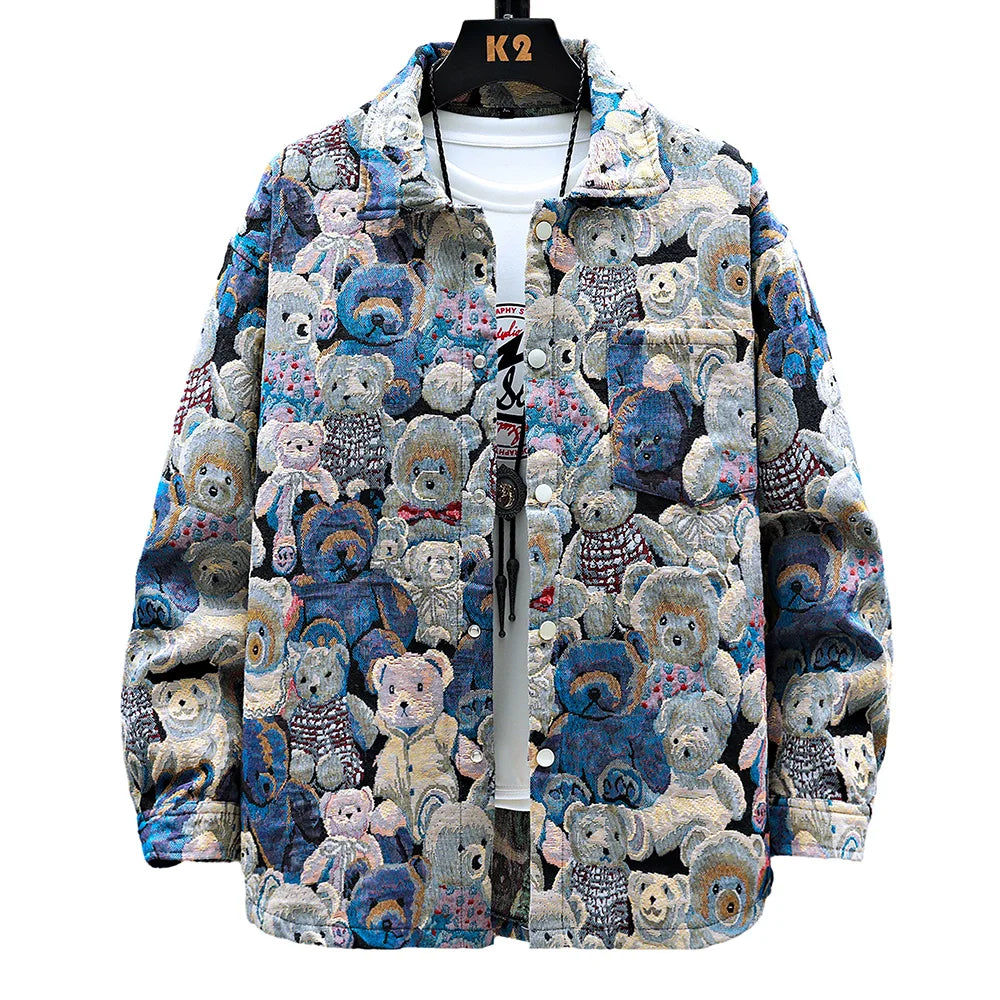 Men's Teddy Bear Pattern Turn-down Collar Outerwear Jacket