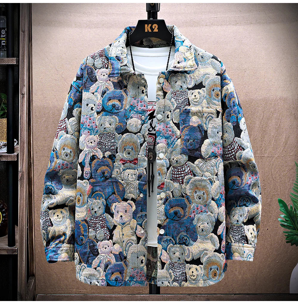 Men's Teddy Bear Pattern Turn-down Collar Outerwear Jacket