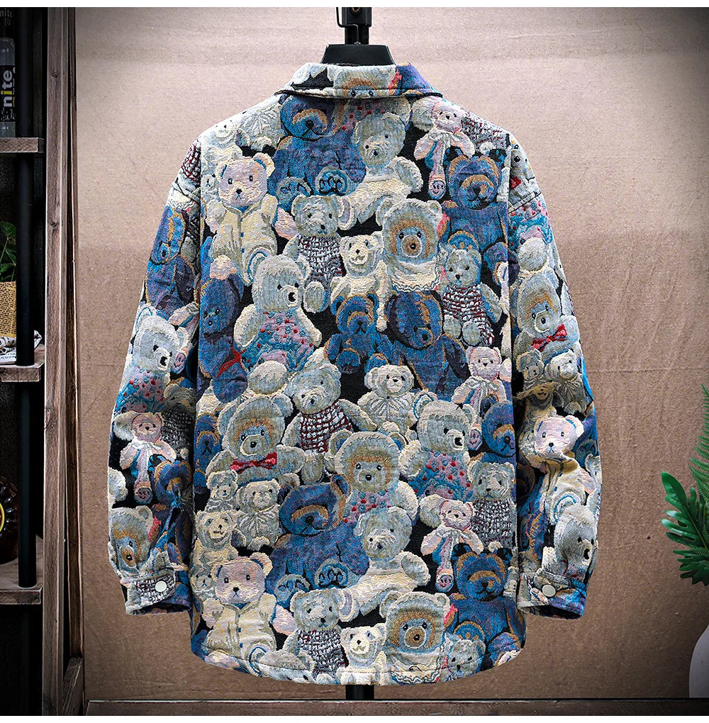 Men's Teddy Bear Pattern Turn-down Collar Outerwear Jacket