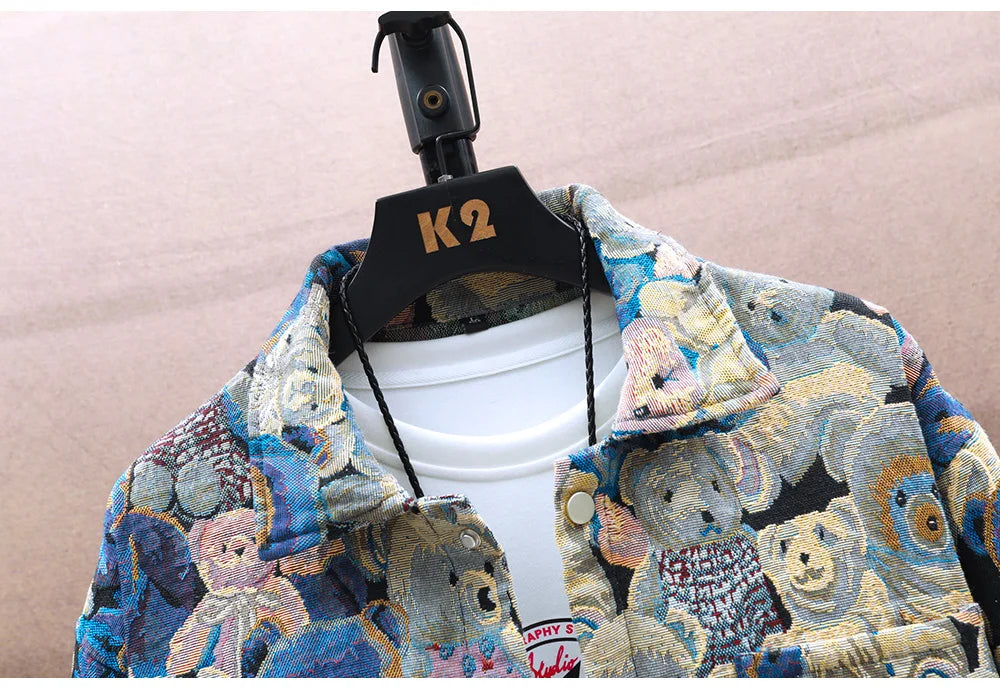 Men's Teddy Bear Pattern Turn-down Collar Outerwear Jacket