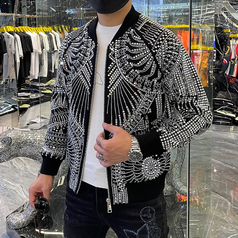 Men's Vintage Luxury Diamond Rib Sleeve Polyester Bomber Jacket