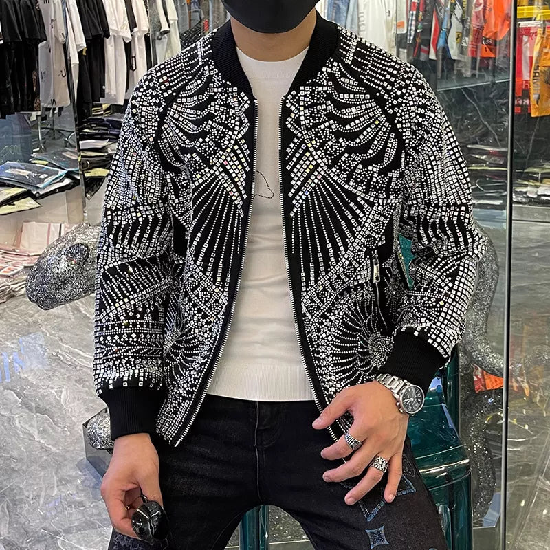 Men's Vintage Luxury Diamond Rib Sleeve Polyester Bomber Jacket