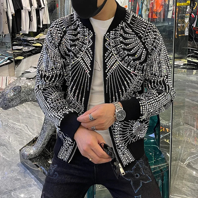 Men's Vintage Luxury Diamond Rib Sleeve Polyester Bomber Jacket